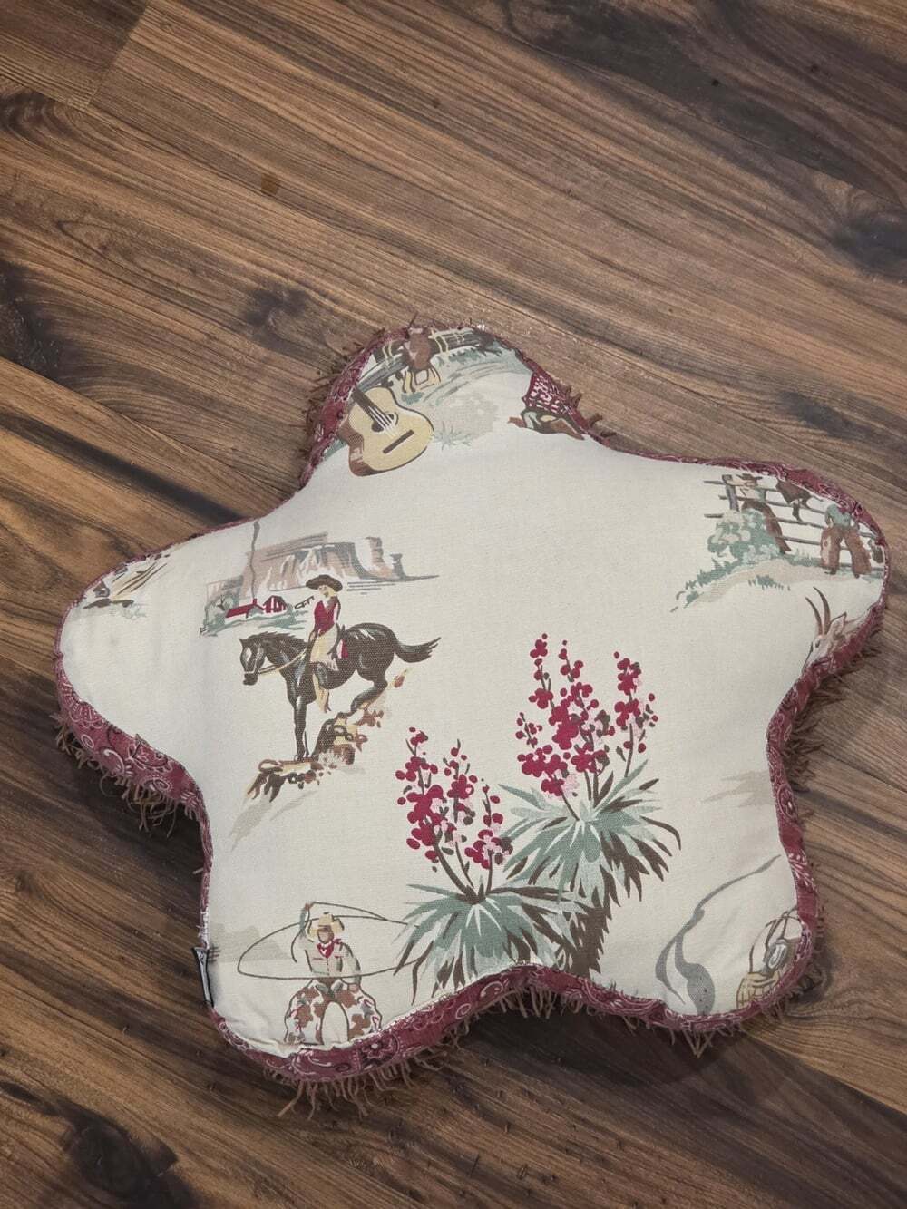 Vtg Western Cowboy  Star Pillow 17" Reversible Fringe Rustic Country Decor